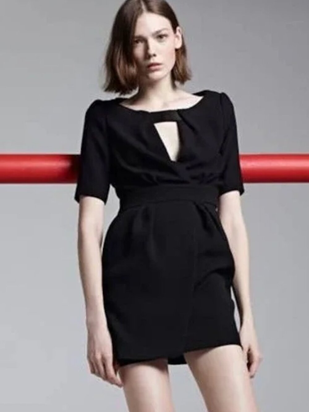 Maje Black Solweig Short Sleeve Geometric Cutout Mini Dress - Size FR40 / US 6-8
